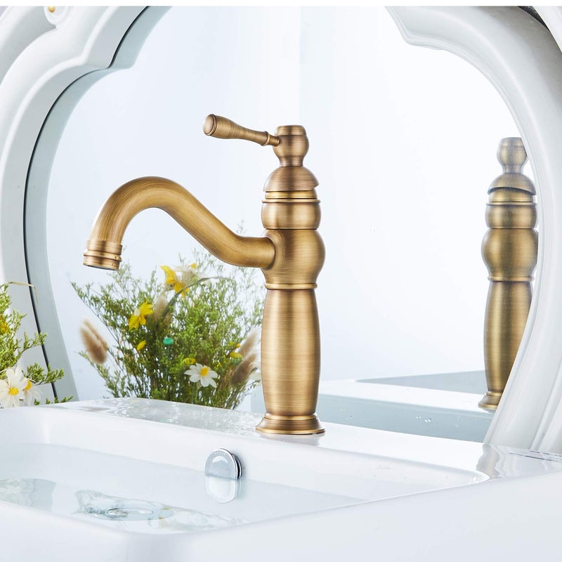 GGStudy Bathroom Vanity Faucet GGStudy Single Handle One Hole Bathroom Sink Faucet Basin Mixer Tap Antique Brass Supply Hose Include - Image 4